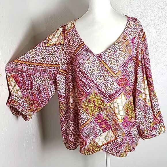 Zac & Rachel Colorful Print Top, Wide Balloon Sleeves, Pink,White,Gold, Size XL - Picture 4 of 9